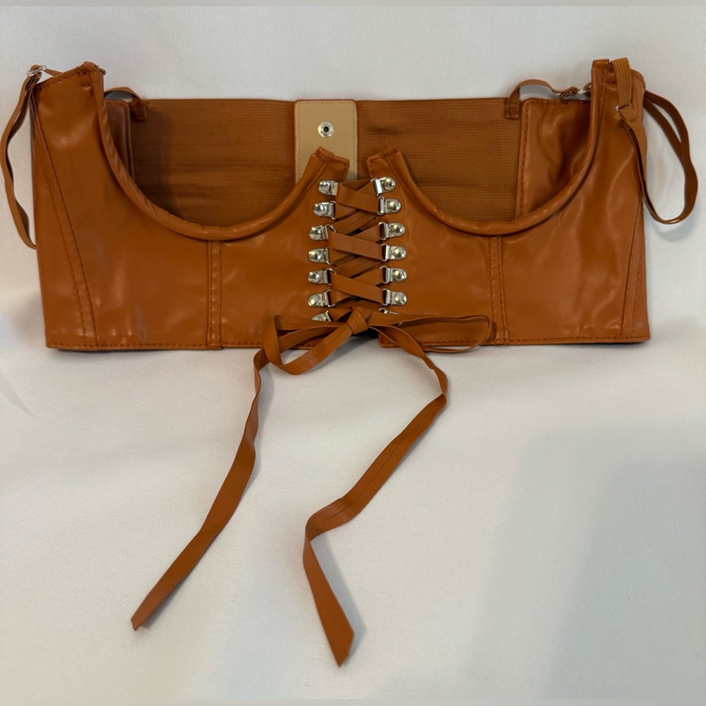 Brown Faux Leather Lace-Up Corset Belt with Snap Closure And Adjustable Straps